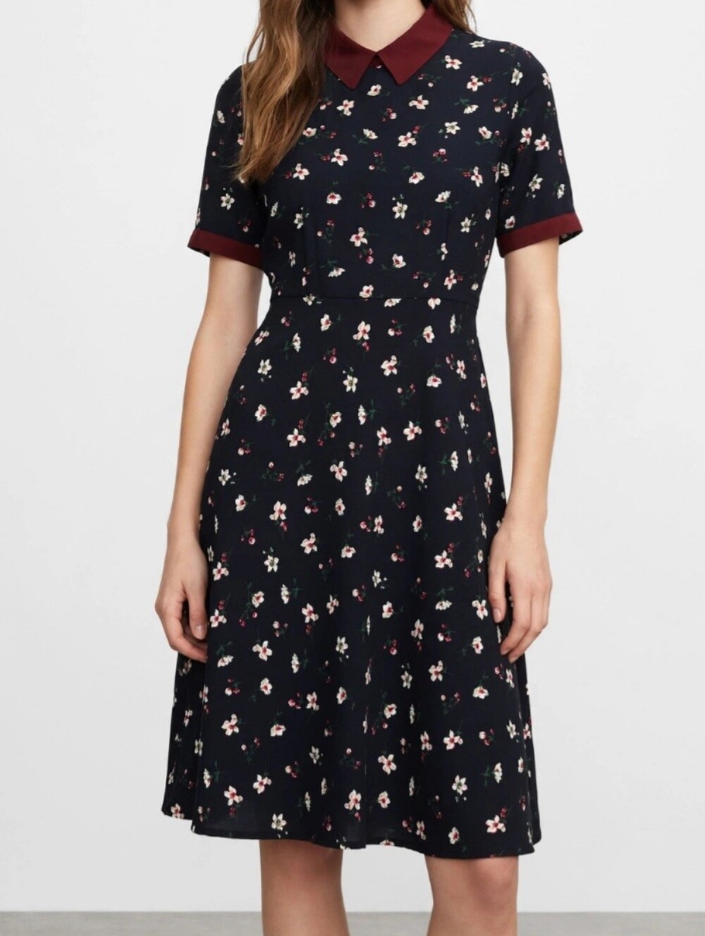 Floral Collared Midi Dress in Navy with Burgundy Trim